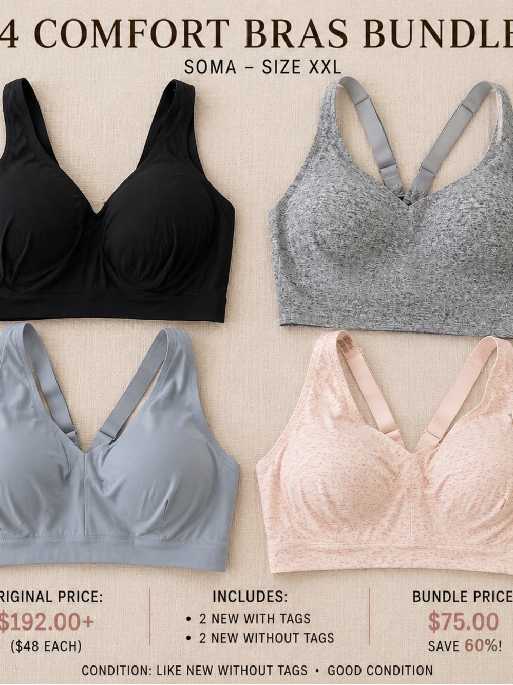 Soma Wireless Seamless Everyday Bra Bundle New w/Tags